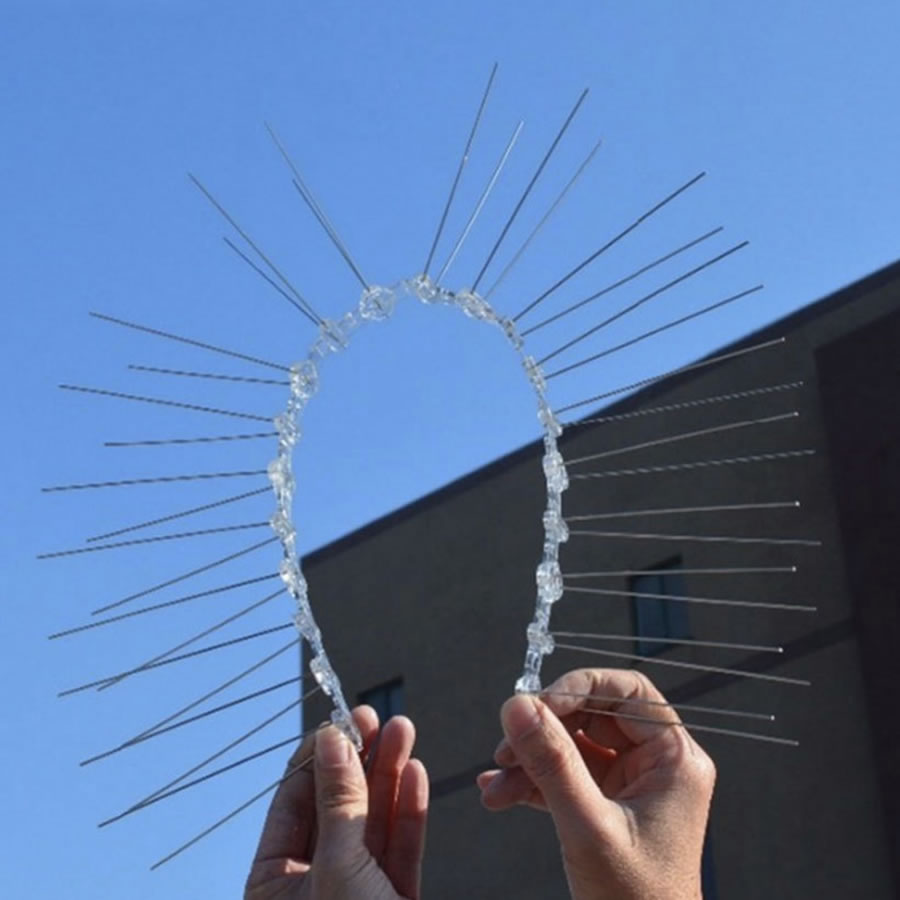 A flexible bird spike strip held up against the sky
