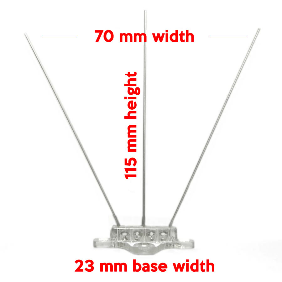 Diagram of a stainless bird spike strip: 70 mm protected width, 115 mm height, 23 mm base